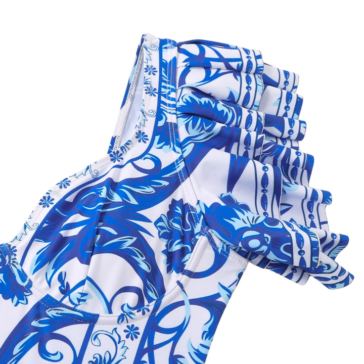 Maiô feminino azul com estampa barroca e alças com babados - Poderosa