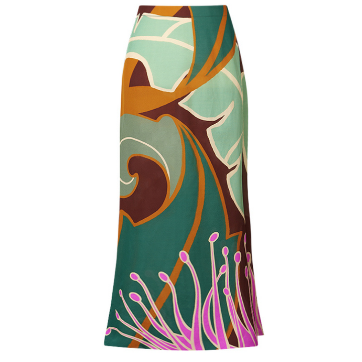 Saida de Praia feminina com estampa abstrata em tons de verde, marrom e rosa