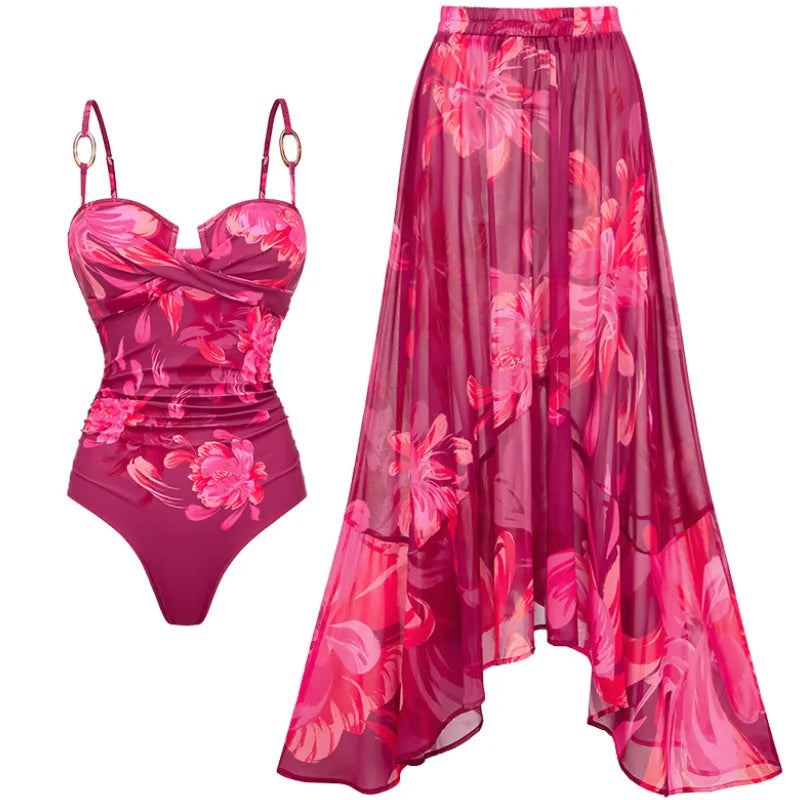 Maiô Floral Vinho Drapeado com Saída de Praia - Poderosa