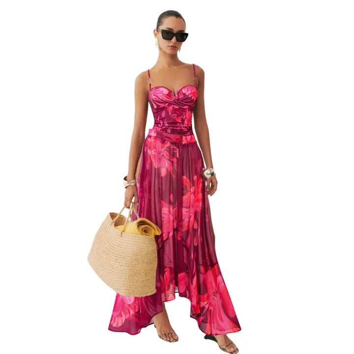 Maiô Floral Vinho Drapeado com Saída de Praia - Poderosa