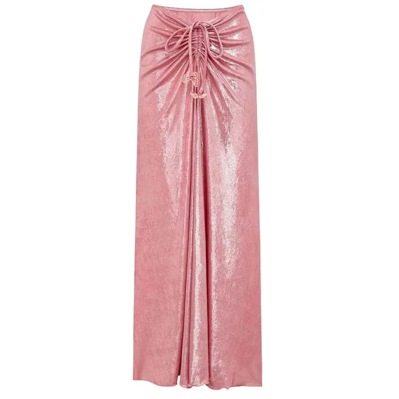 Saída de Praia rosa cintilante drapeada com brilho elegante.