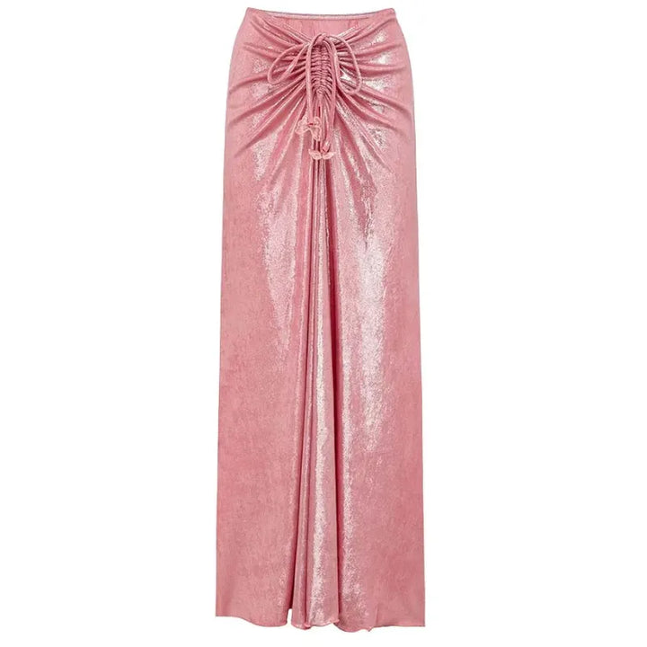 Saída de Praia rosa cintilante drapeada com brilho elegante.