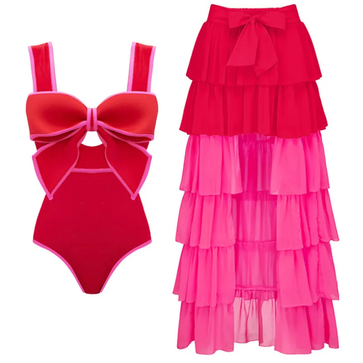 Maiô Vermelho Com Laço Pink Contrastante com Saída de Praia - Poderosa