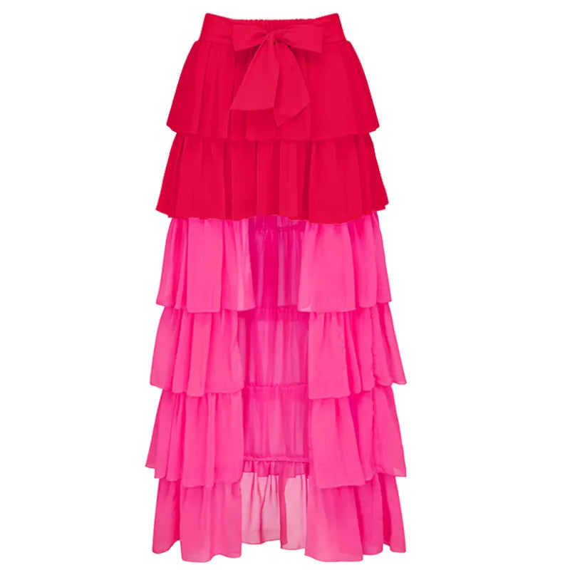 Saída de Praia com Camadas e Tule e Laço Frontal Vermelha e Rosa - Poderosa