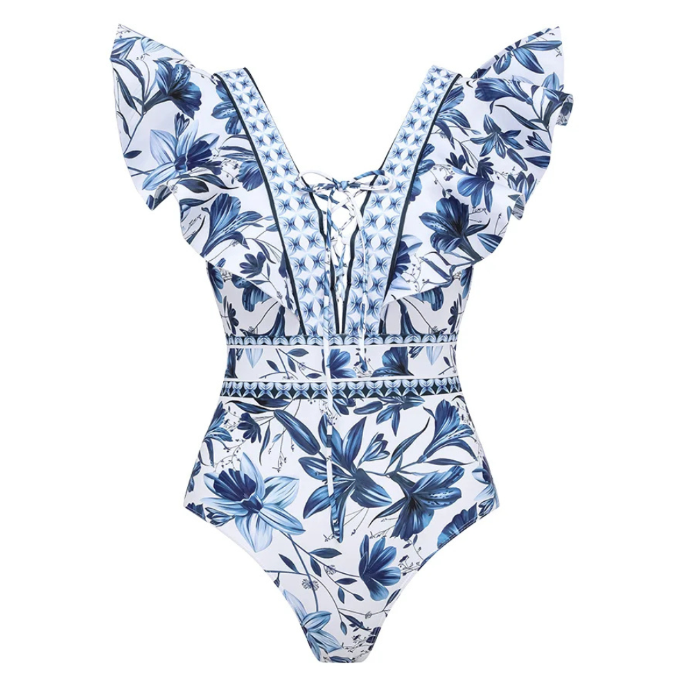 Maiô azul floral Com babados delicados nos ombros, decote elegante e estampa romântica para moda praia feminina 