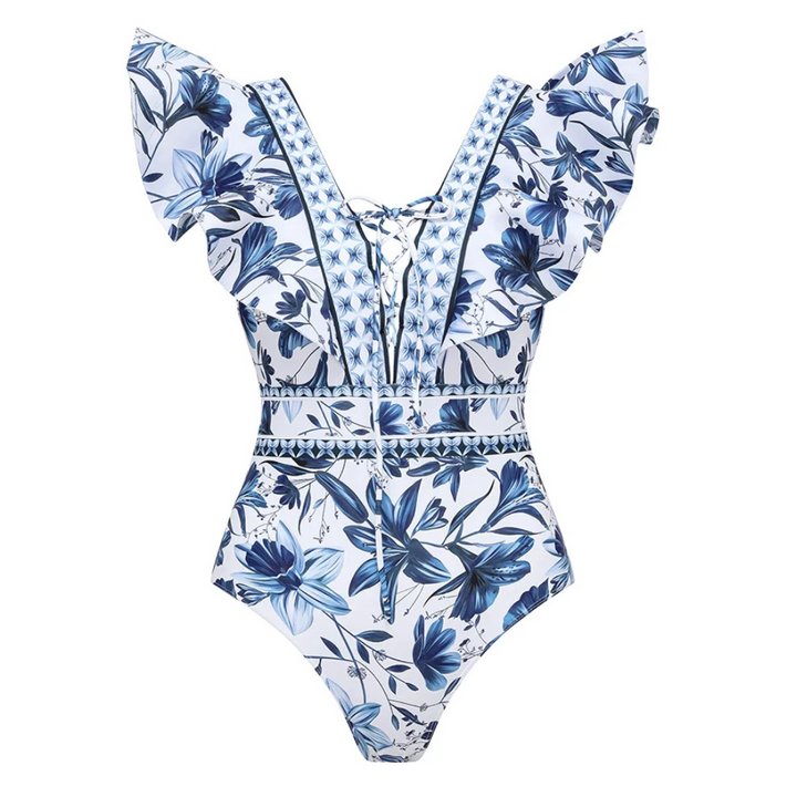 Maiô azul floral Com babados delicados nos ombros, decote elegante e estampa romântica para moda praia feminina 