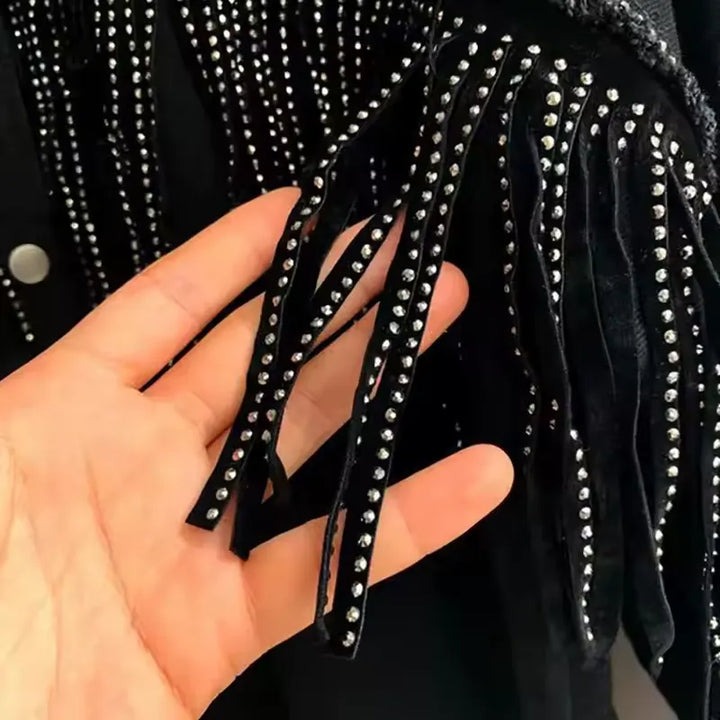 Jaqueta Jeans Feminina Com Apliques Preta