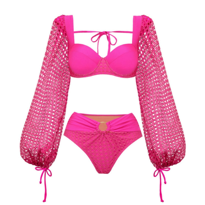 Biquíni Rosa Glamour Manga Longa Crochê -Poderosa