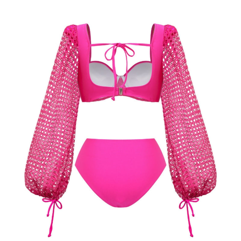 Biquíni Rosa Glamour Manga Longa Crochê -Poderosa
