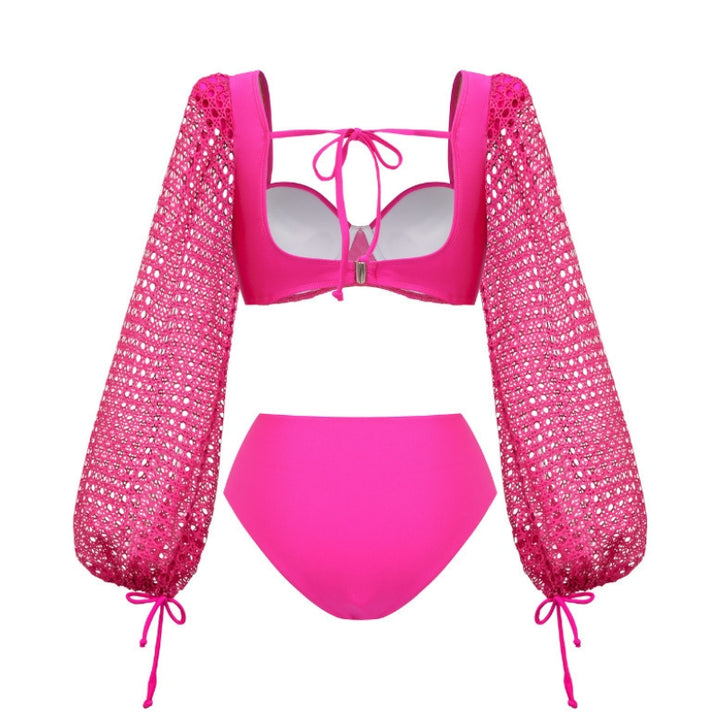 Biquíni Rosa Glamour Manga Longa Crochê -Poderosa