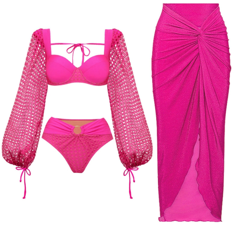 Biquíni Rosa Glamour Manga Longa Crochê -Poderosa