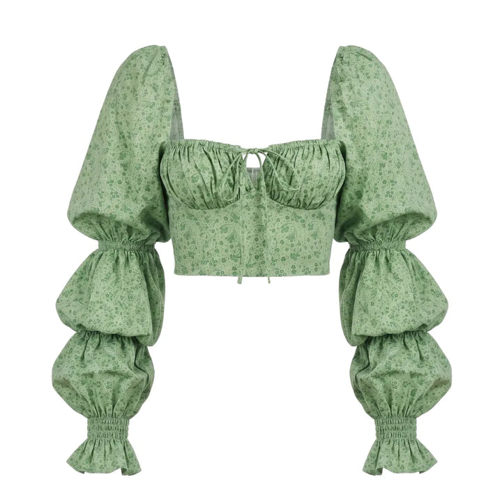 Blusa Cropped Manga Bufante Estampado Verde - Poderosa