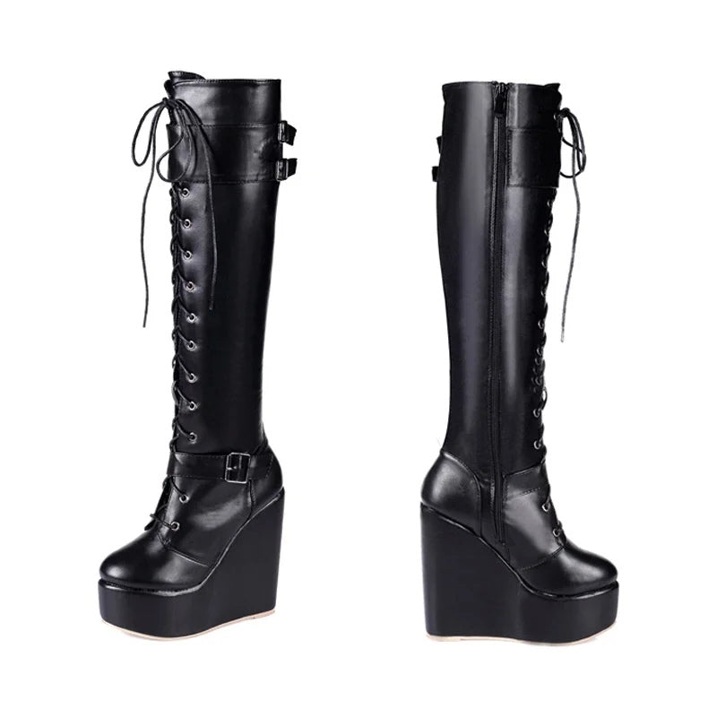 Bota Plataforma Wedge Cano Alto Preta - Poderosa