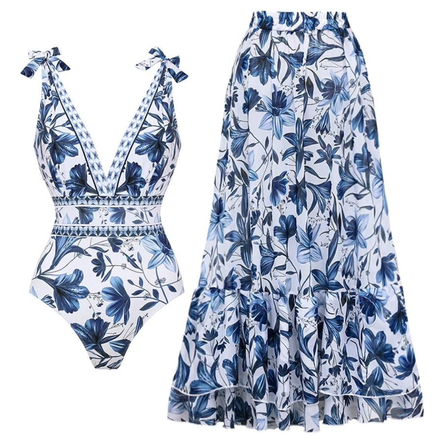 Maiô Azul Floral Decote V