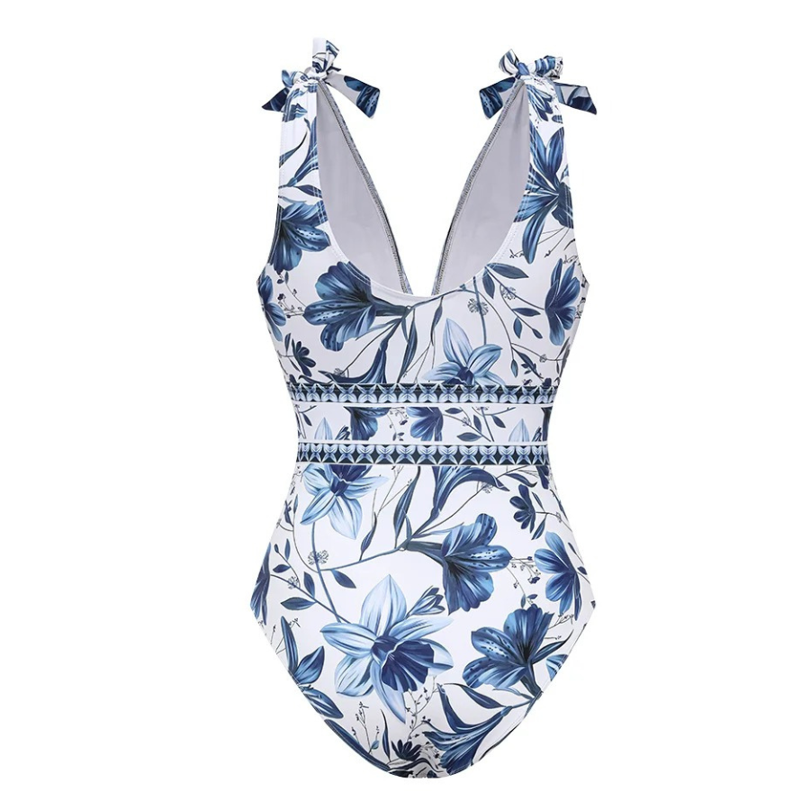 Maiô Azul Floral Decote V