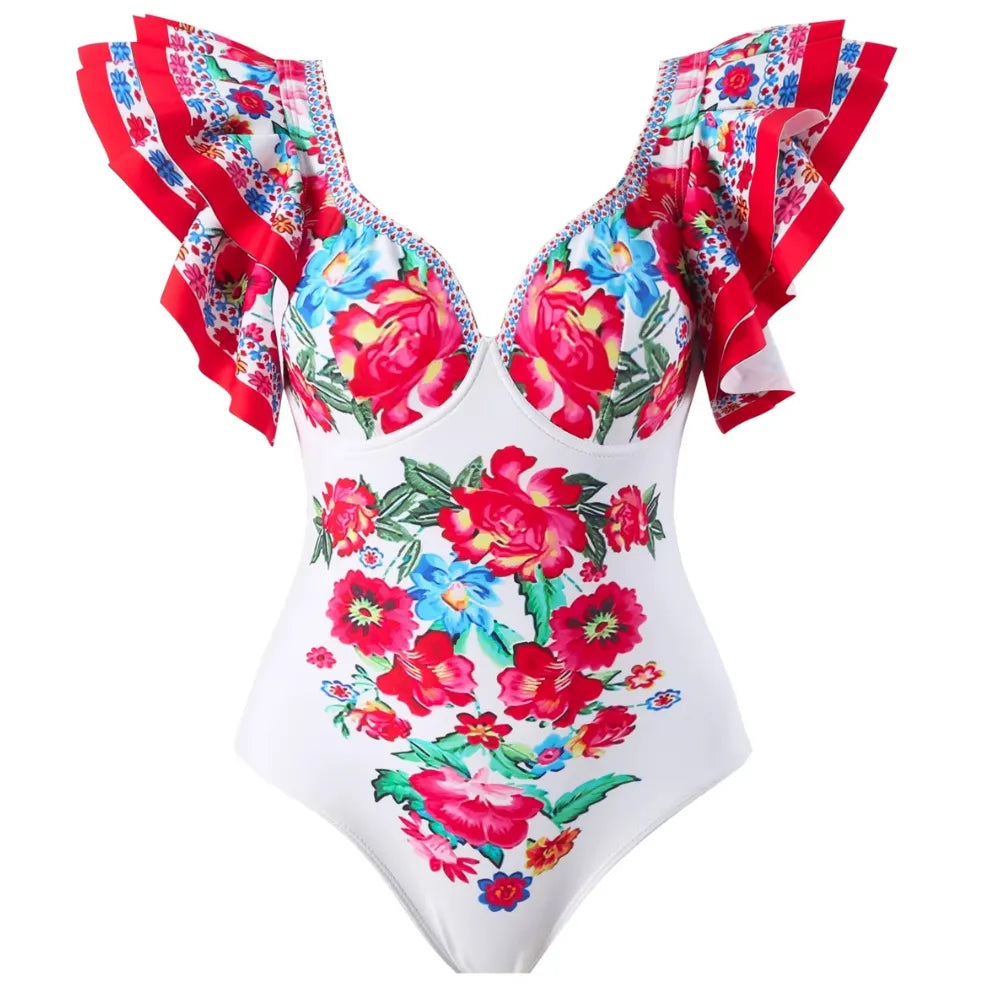 Maiô Babados Bouquet Vermelho