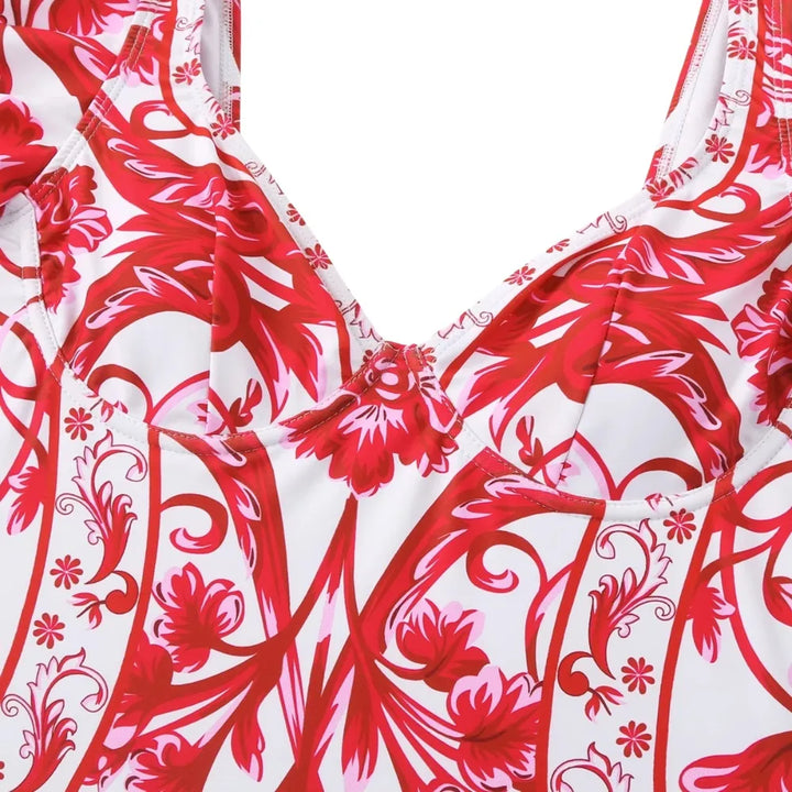 Maiô com babado nos ombros e estampa floral barroca vermelha - Poderosa

