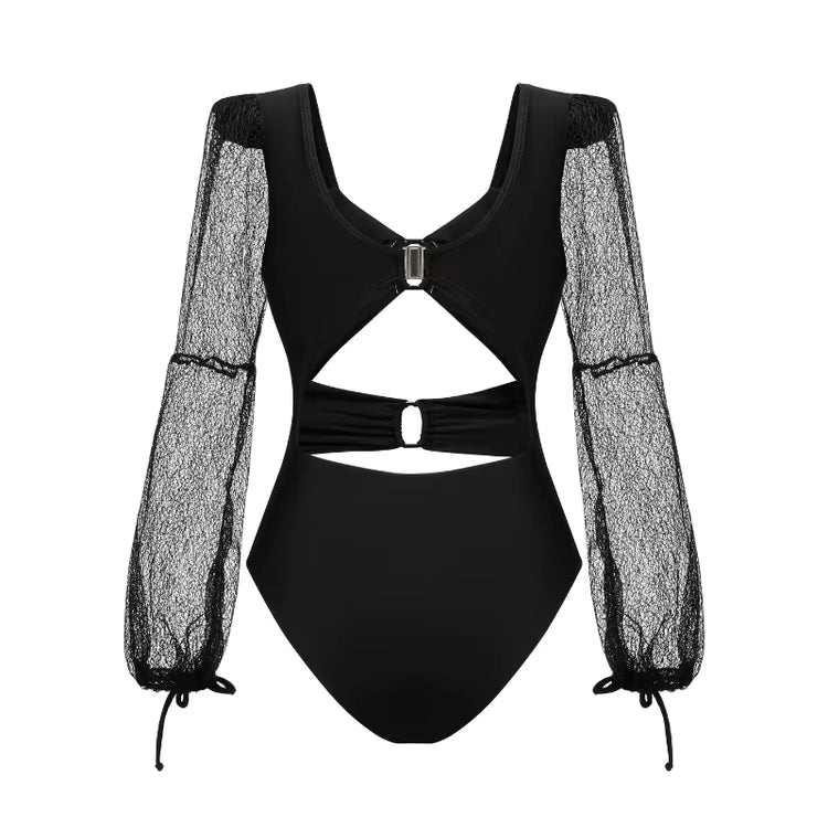 Maiô Cut Out Preto Com Mangas Longas Texturizadas - Poderosa