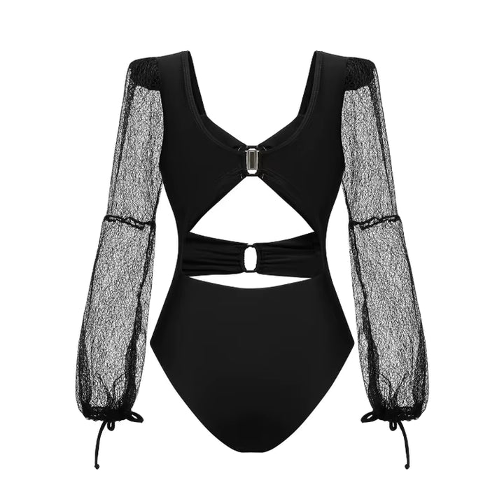 Maiô Cut Out Preto Com Mangas Longas Texturizadas - Poderosa