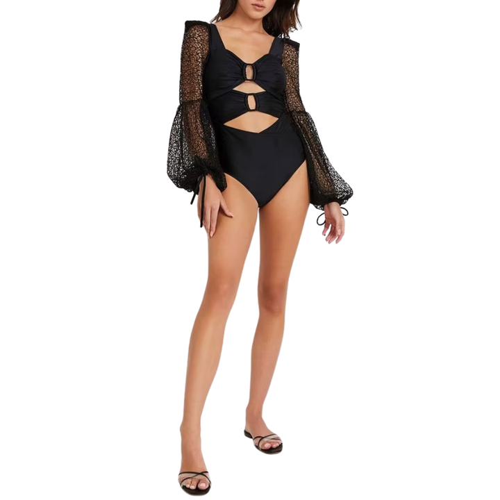 Maiô Cut Out Preto Com Mangas Longas Texturizadas - Poderosa