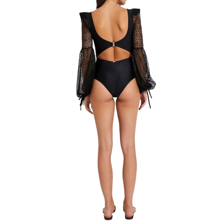 Maiô Cut Out Preto Com Mangas Longas Texturizadas - Poderosa