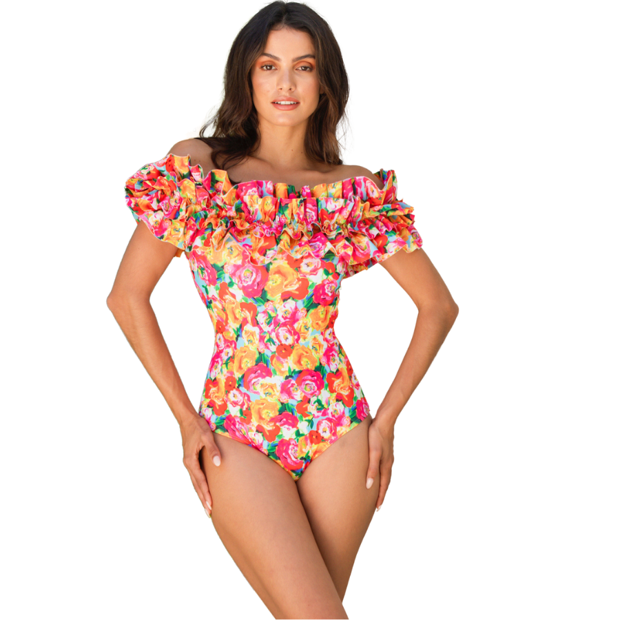 Maiô Flores Tropicais Com Babados Duplos - Poderosa