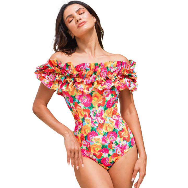 Maiô Flores Tropicais Com Babados Duplos - Poderosa