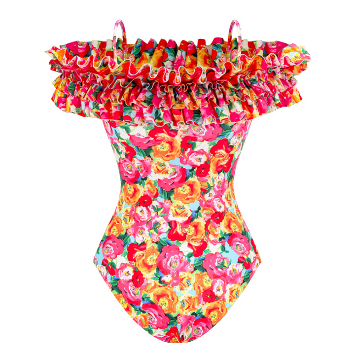 Maiô Flores Tropicais Com Babados Duplos - Poderosa