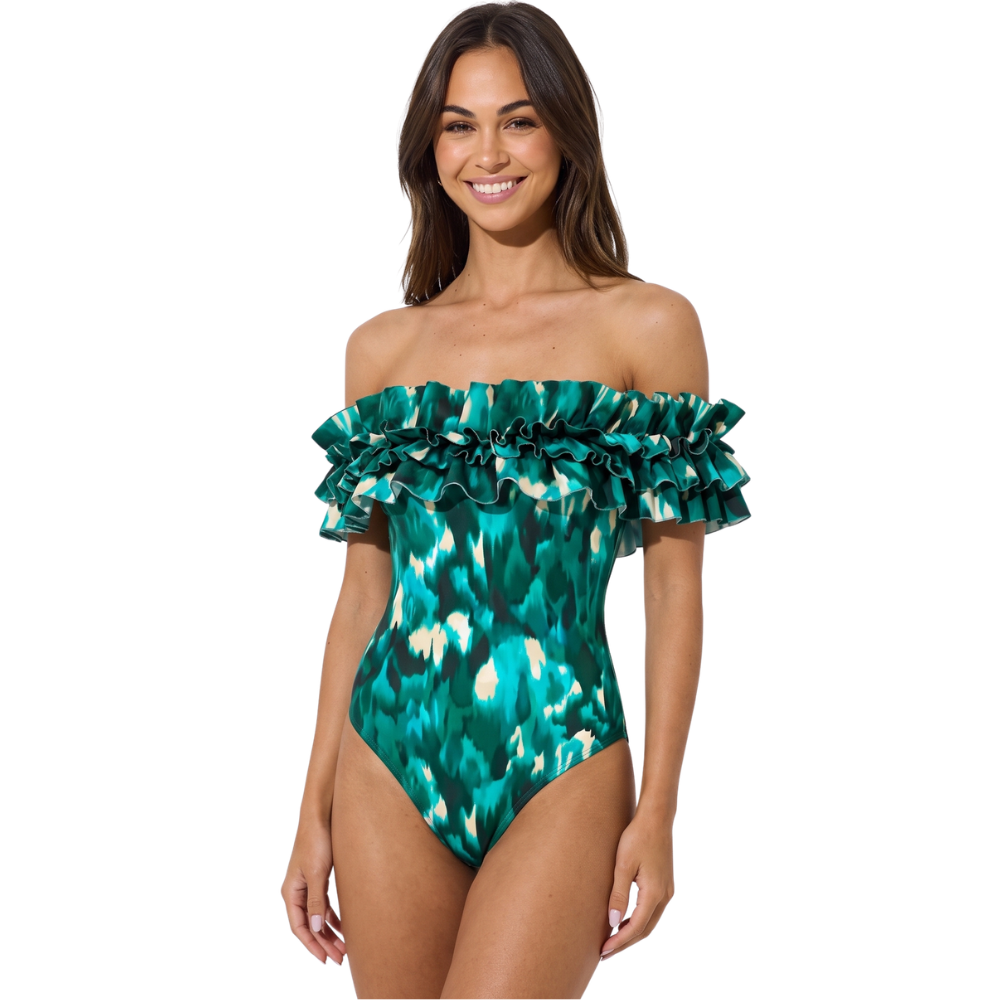 Maiô Verde Jade Babados Ombro a Ombro Poderosa