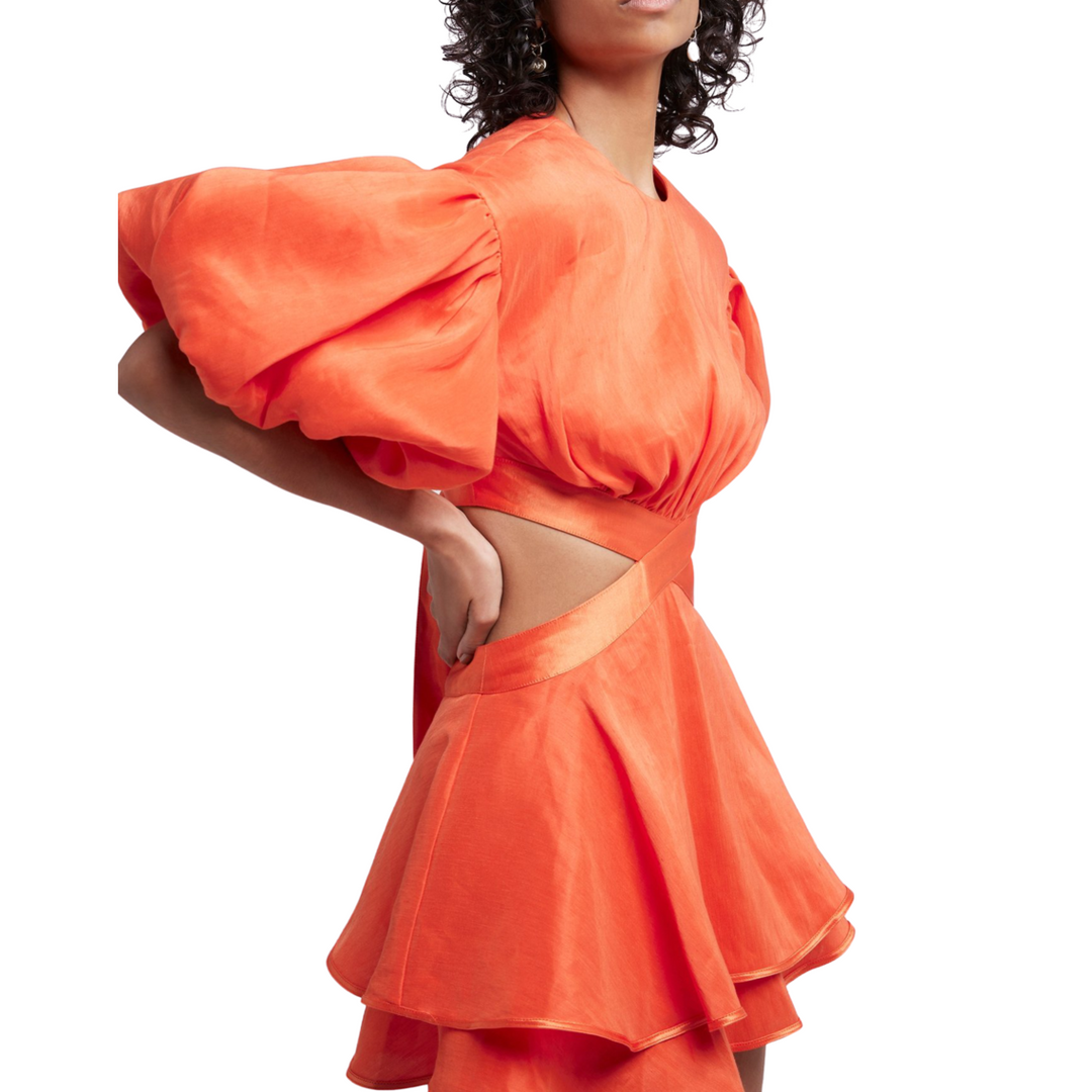 Vestido Com Vazado Manga Bufante Laranja