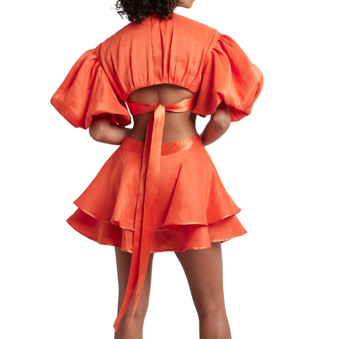 Vestido Com Vazado Manga Bufante Laranja