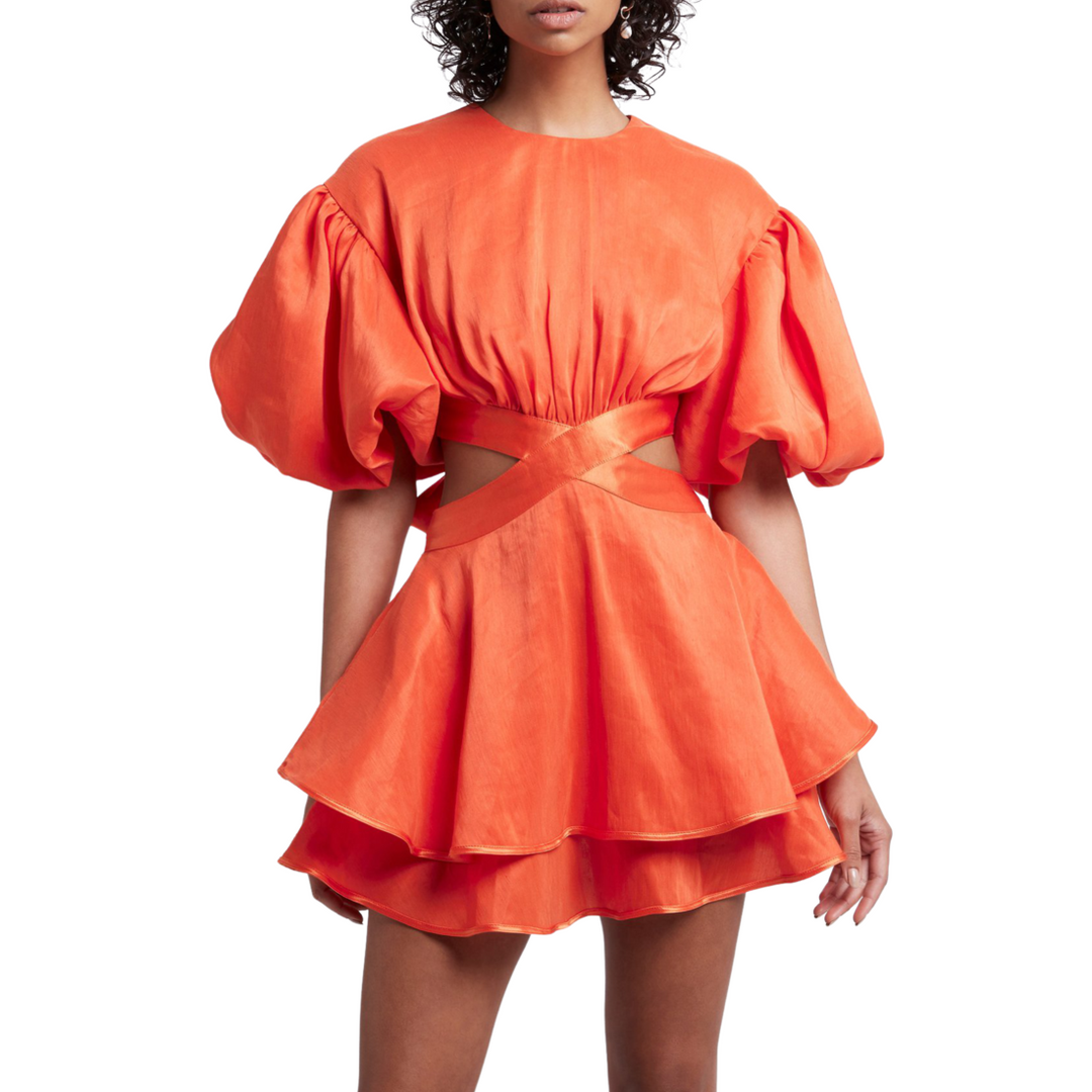 Vestido Com Vazado Manga Bufante Laranja