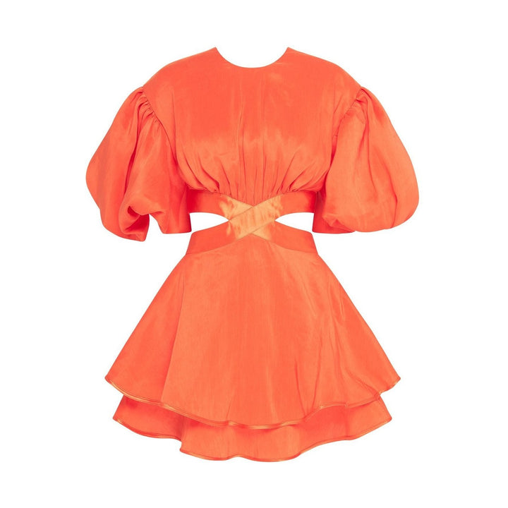 Vestido Com Vazado Manga Bufante Laranja
