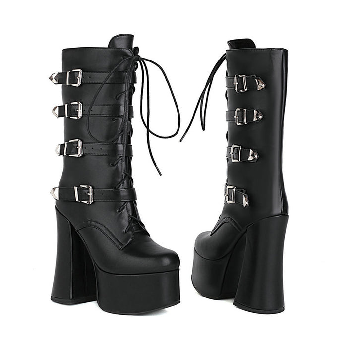 Bota Plataforma Gótica Cano Médio Com Fivelas Preta - Poderosa