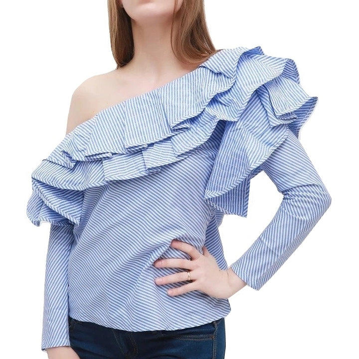 Blusa Ombro Único Com Babado Listrada