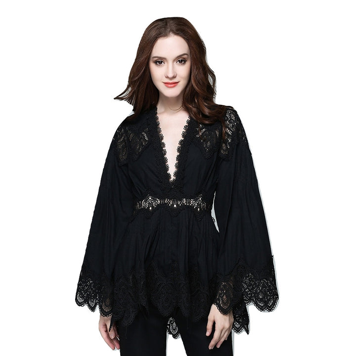 Blusa Decote V Manga Flare Renda