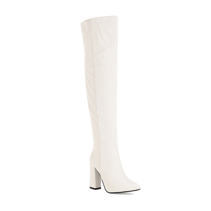 Bota Over The Knee Salto Bloco Bico Fino Nude - Poderosa