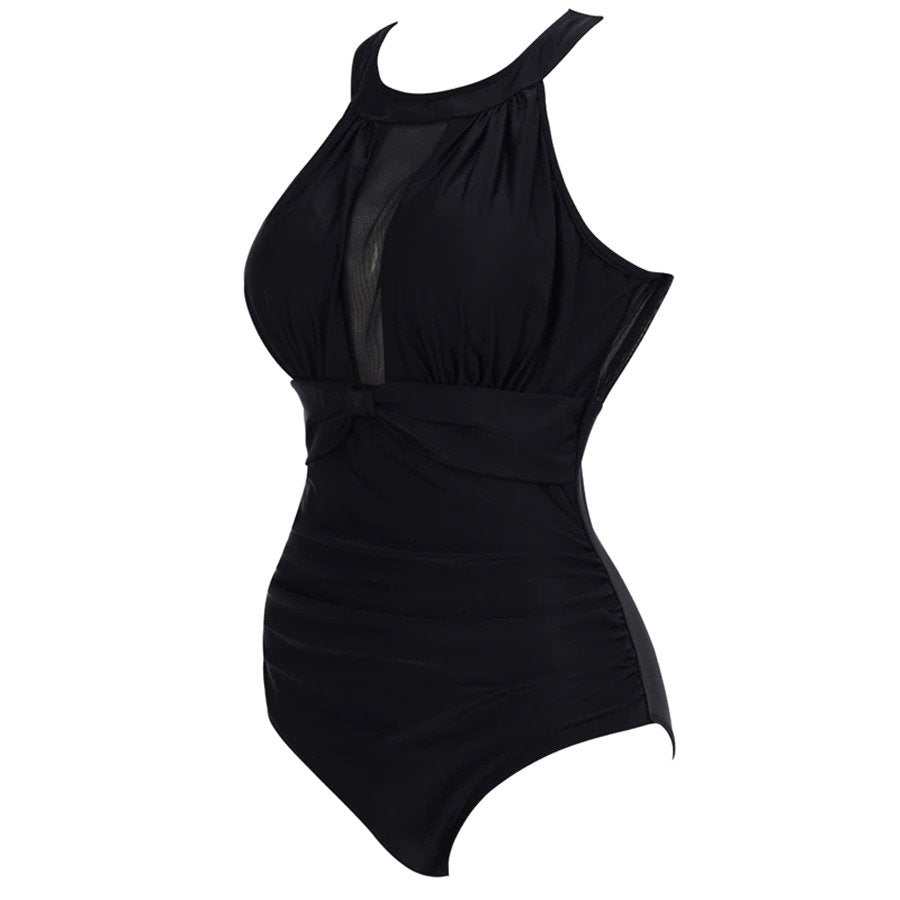 Maiô Body Decote Tule Preto Plus Size