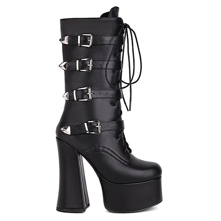 Bota Plataforma Gótica Cano Médio Com Fivelas Preta - Poderosa
