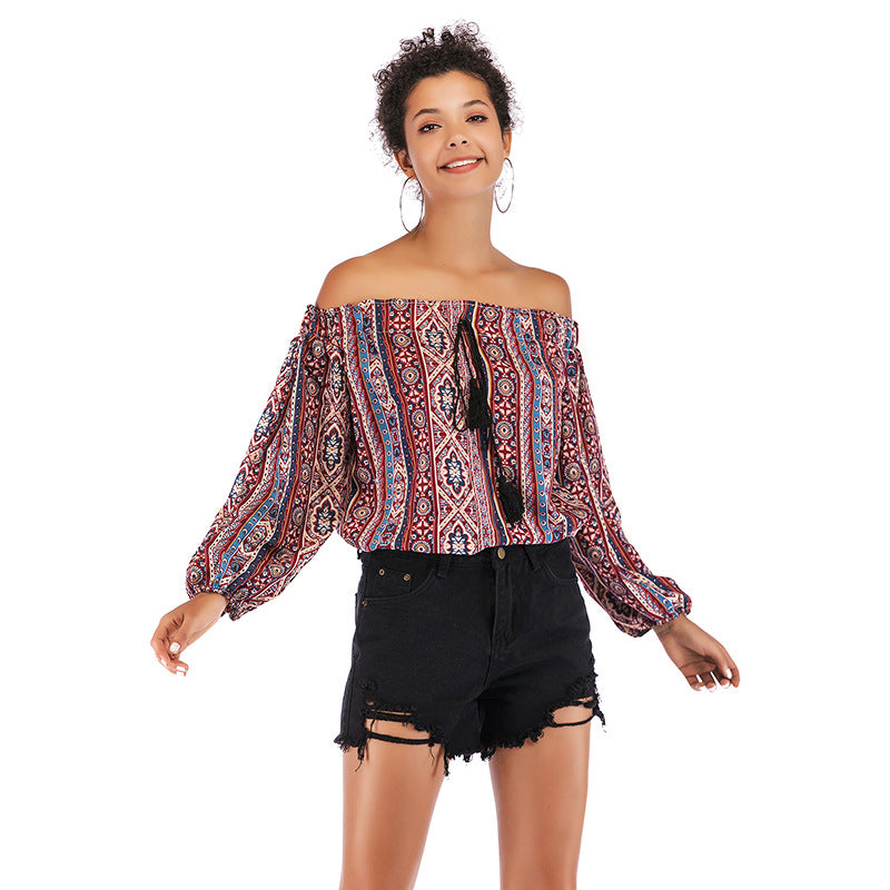 Blusa Ombro a Ombro Estampada Tassel