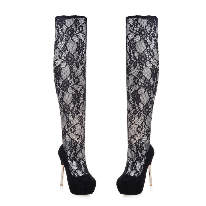 Bota Over The Knee Rendada Com Salto Agulha Glam