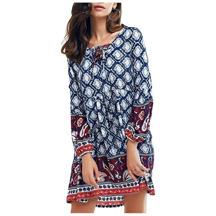 Vestido Manga Longa Estampado Azul