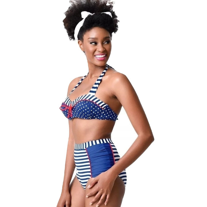 Biquíni Cintura Alta Listrado Azul