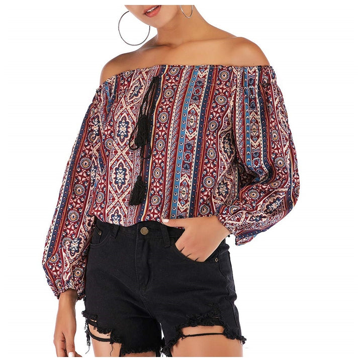 Blusa Ombro a Ombro Estampada Tassel
