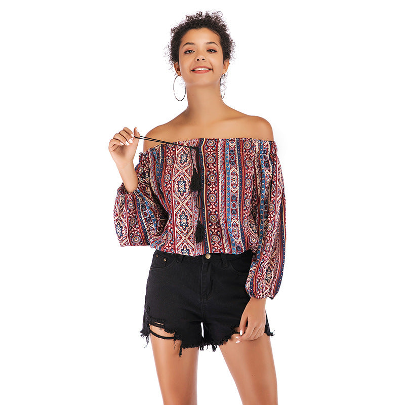 Blusa Ombro a Ombro Estampada Tassel