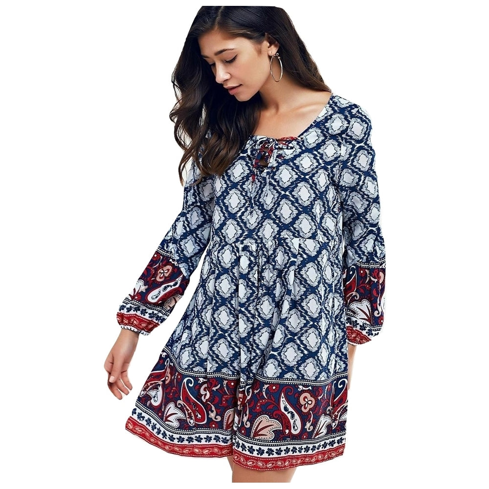 Vestido Manga Longa Estampado Azul