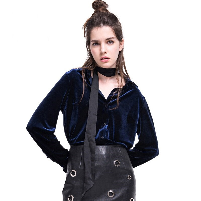 Camisa Feminina Veludo Azul Marinho