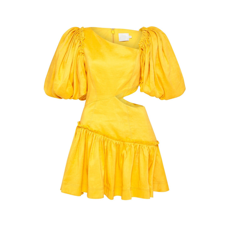 Vestido Com Vazado Manga Bufante Amarelo