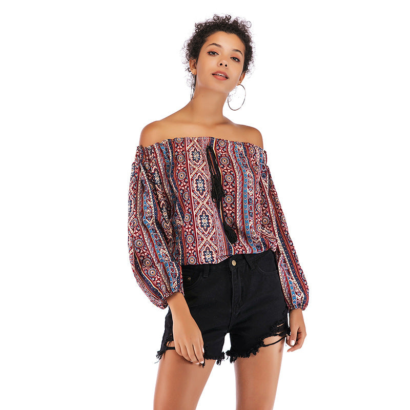 Blusa Ombro a Ombro Estampada Tassel