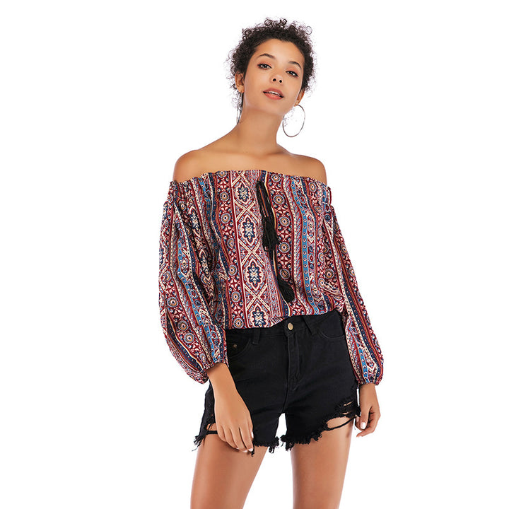 Blusa Ombro a Ombro Estampada Tassel